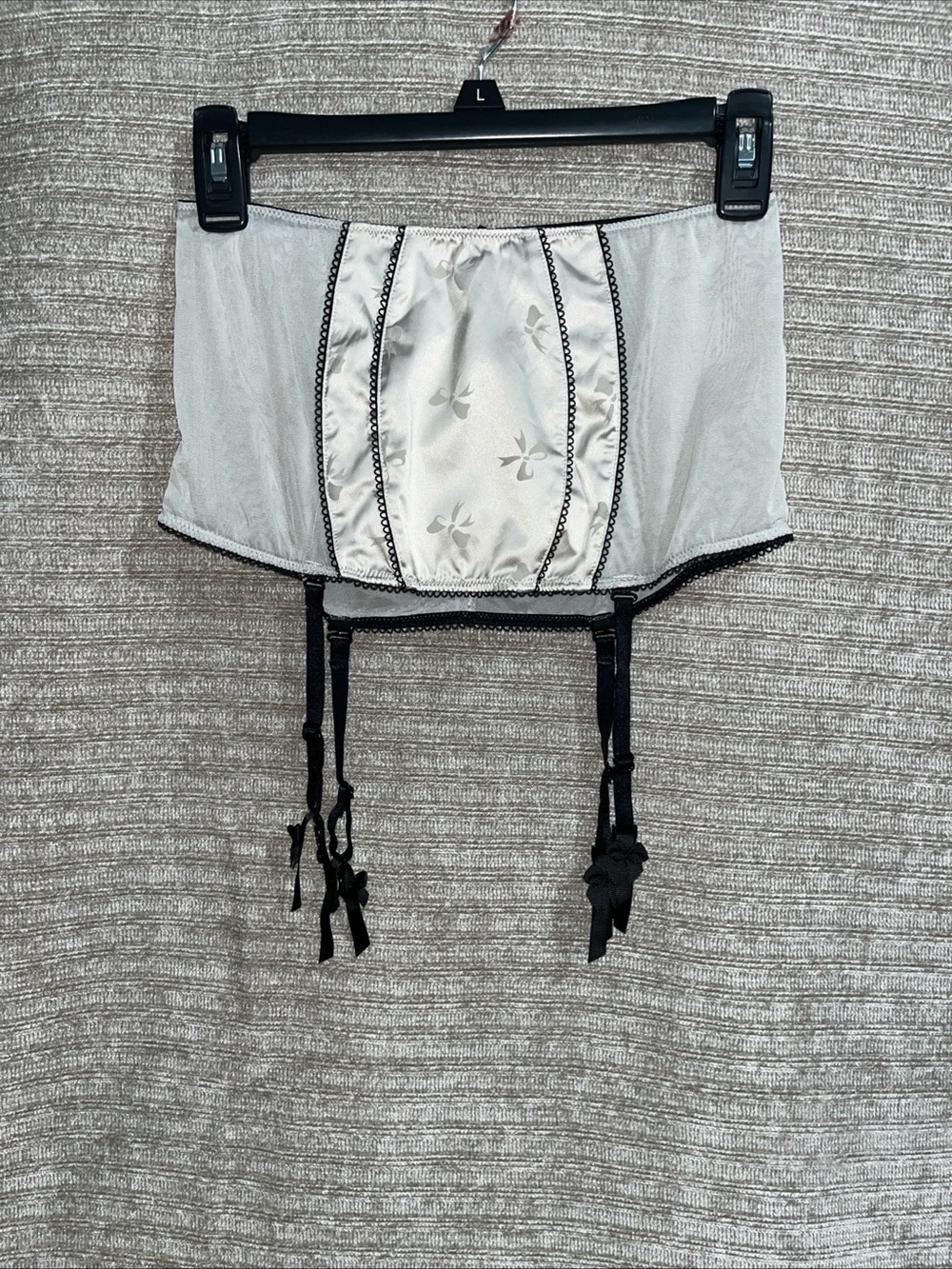 Vintage Victoria's Secret Silver Satin & Mesh Micro Mini Skirt Garter Belt Bows
